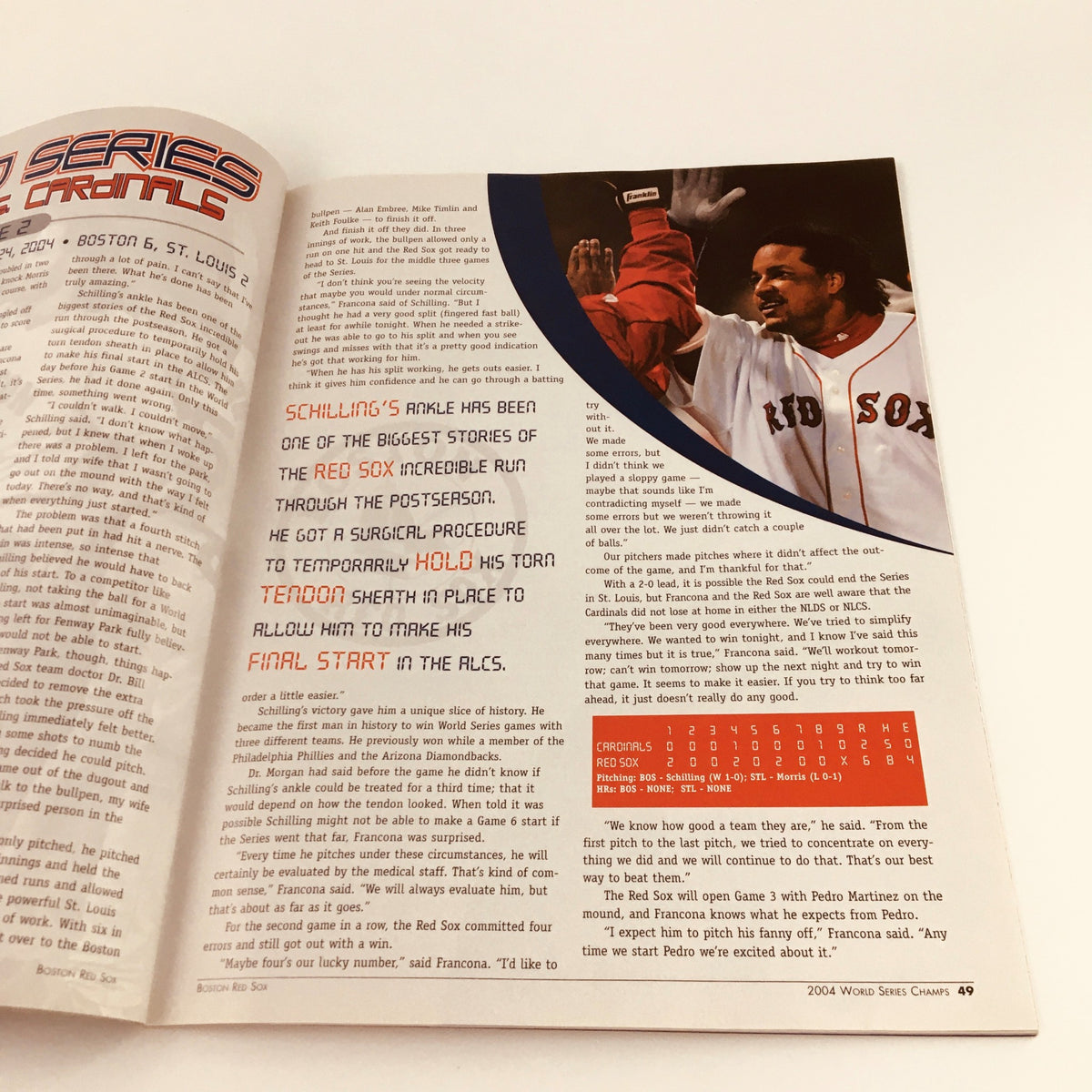 Page from Lindy Sport's Presents 2004 World Series Champs Boston Red Sox featuring commentary on key player Curt Schilling and his impact during the postseason.