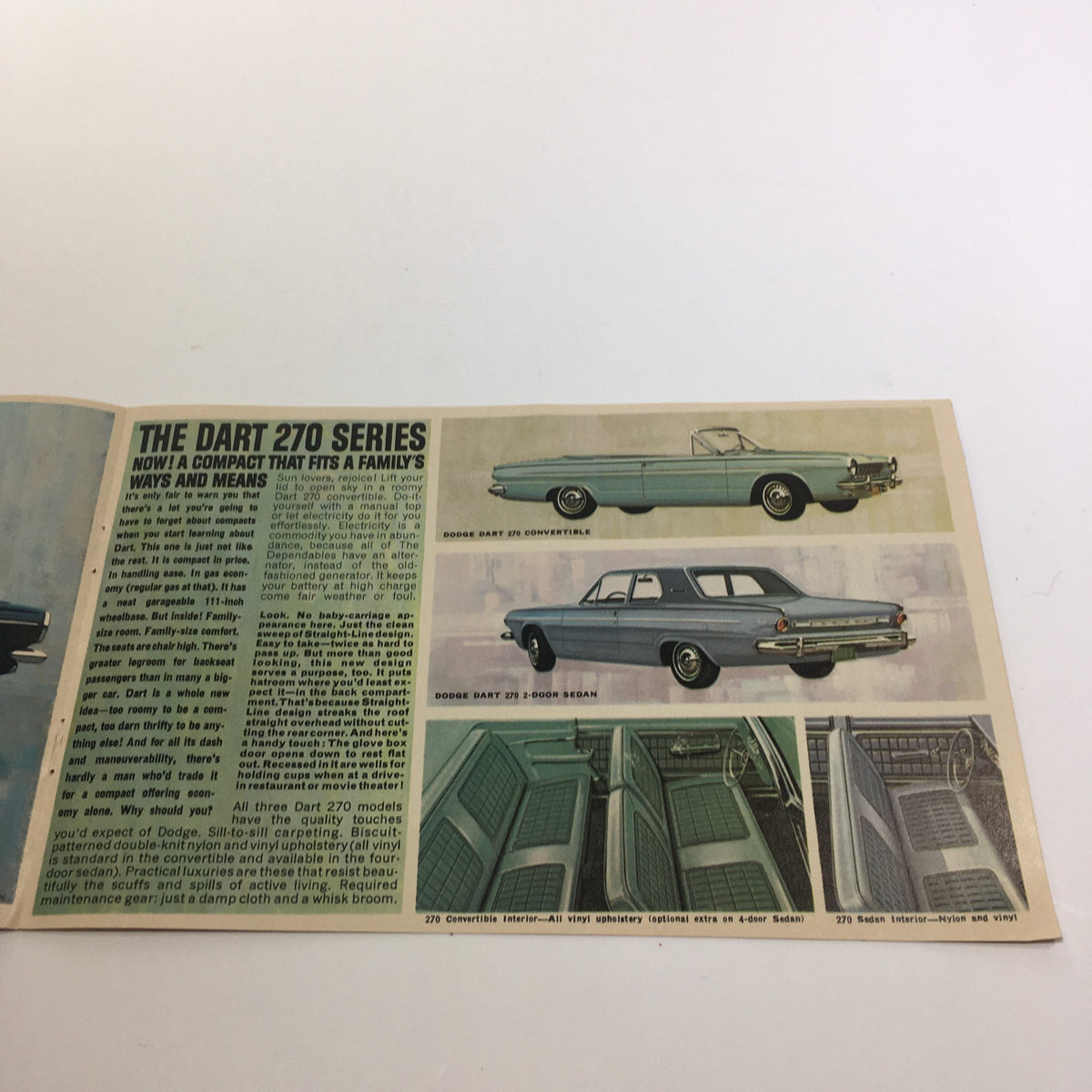 Inside page of the 1983 Compact Dodge Dart 270 Series brochure, showcasing vehicle features and images, including the Dart 270 Convertible and sedan options.