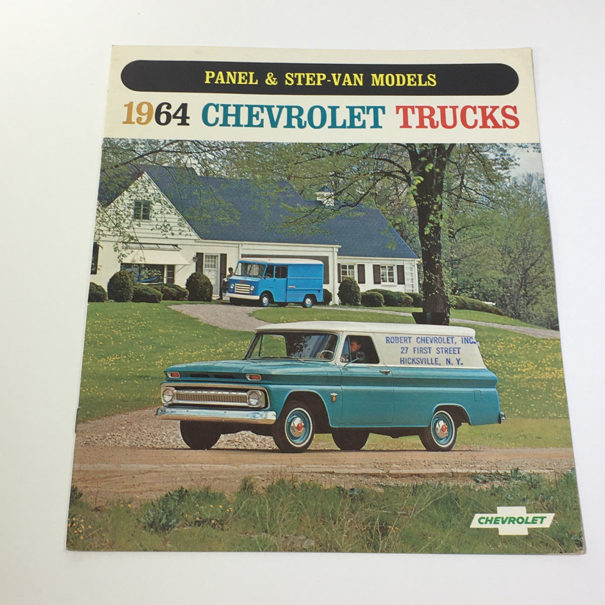 Cover of the 1964 Chevrolet Trucks Panel & StepVan Models Series P20 P30 Car Catalog Brochure featuring a blue truck in front of a suburban house.