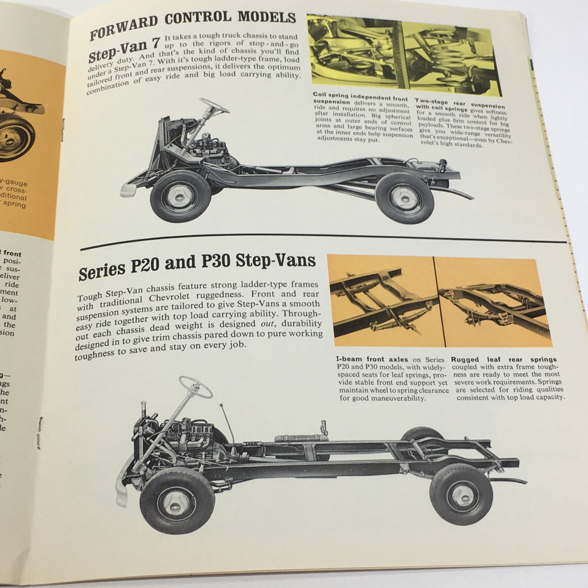 Interior page of the 1964 Chevrolet Trucks Panel & StepVan Models Series P20 P30 Car Catalog Brochure detailing the forward control models and showcasing the truck chassis.