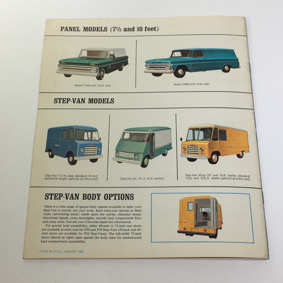 Interior page of the 1964 Chevrolet Trucks Panel & StepVan Models Series P20 P30 Car Catalog Brochure displaying a variety of panel and step-van models with specifications.