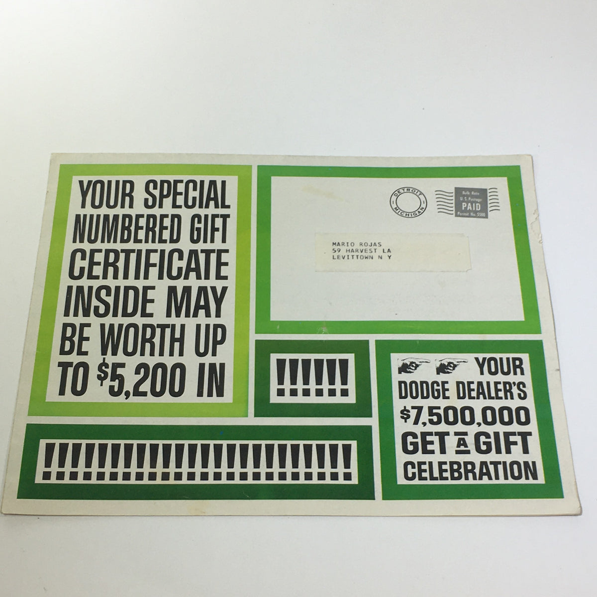 Back cover of the 1964 Dodge catalog brochure featuring a promotional message about a special numbered gift certificate worth up to $5,200 and a celebration event for Dodge dealers.