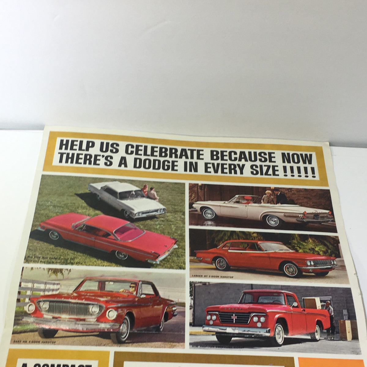 1964 Dodge Larger St 4-Door Hardtop & Dart 60-HP V-8 Engine Car Catalog Brochure showcasing various Dodge models, including a red two-door coupe, a convertible, and a truck, with a promotional message about Dodge's diverse lineup.