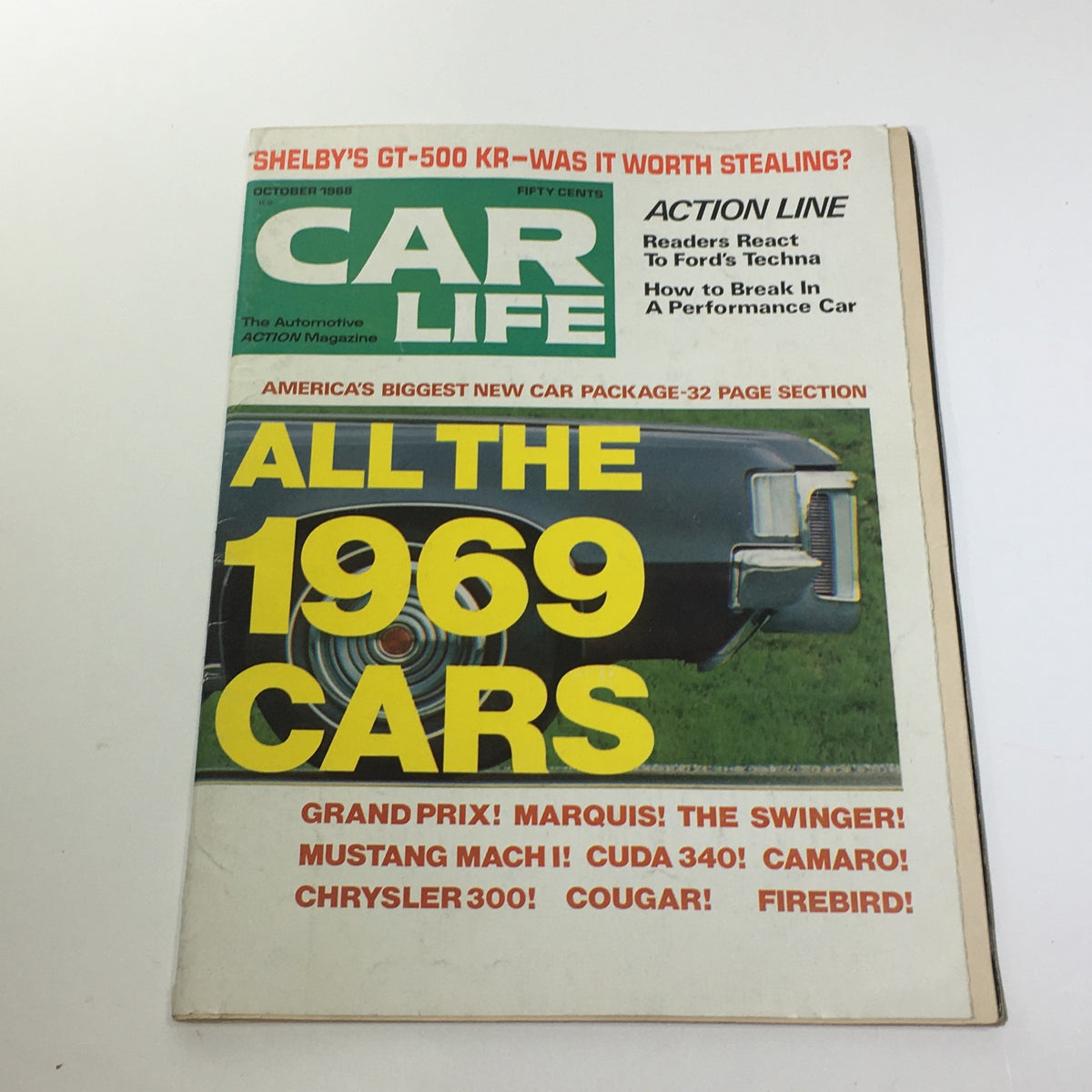 1969 Shelby's GT-500 KR & Buick GS-400 340-HP V-8 Engines Car Catalog Brochure cover featured in Car Life magazine from October 1968, showcasing all the 1969 cars.