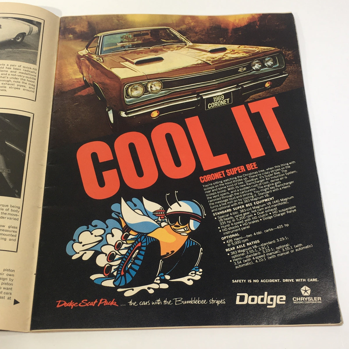 1969 Shelby's GT-500 KR & Buick GS-400 340-HP V-8 Engines Car Catalog Brochure featuring a Dodge Coronet Super Bee advertisement with bold graphics and a vintage car.