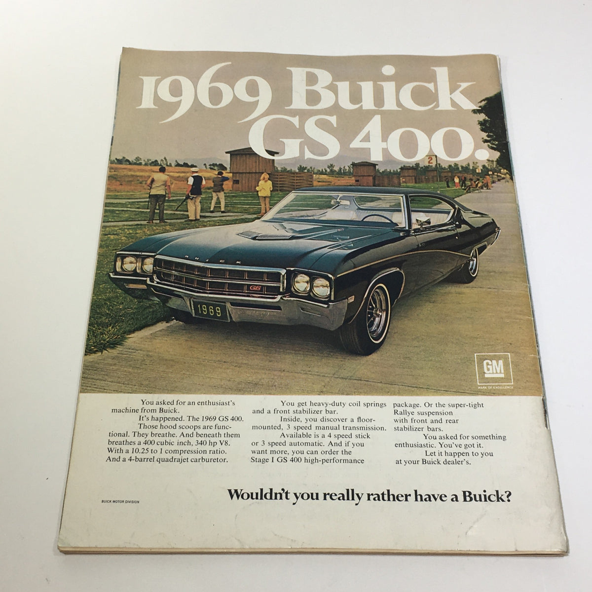 1969 Shelby's GT-500 KR & Buick GS-400 340-HP V-8 Engines Car Catalog Brochure showcasing the 1969 Buick GS-400 car model in a scenic setting.
