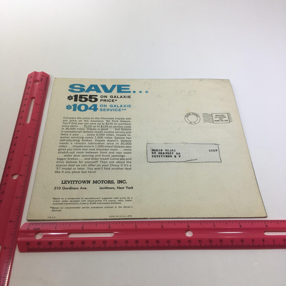 Back side of the 1962 Ford Galaxie Town 500 brochure with promotional information, savings details, and a postal address for Levittown Motors, New York.
