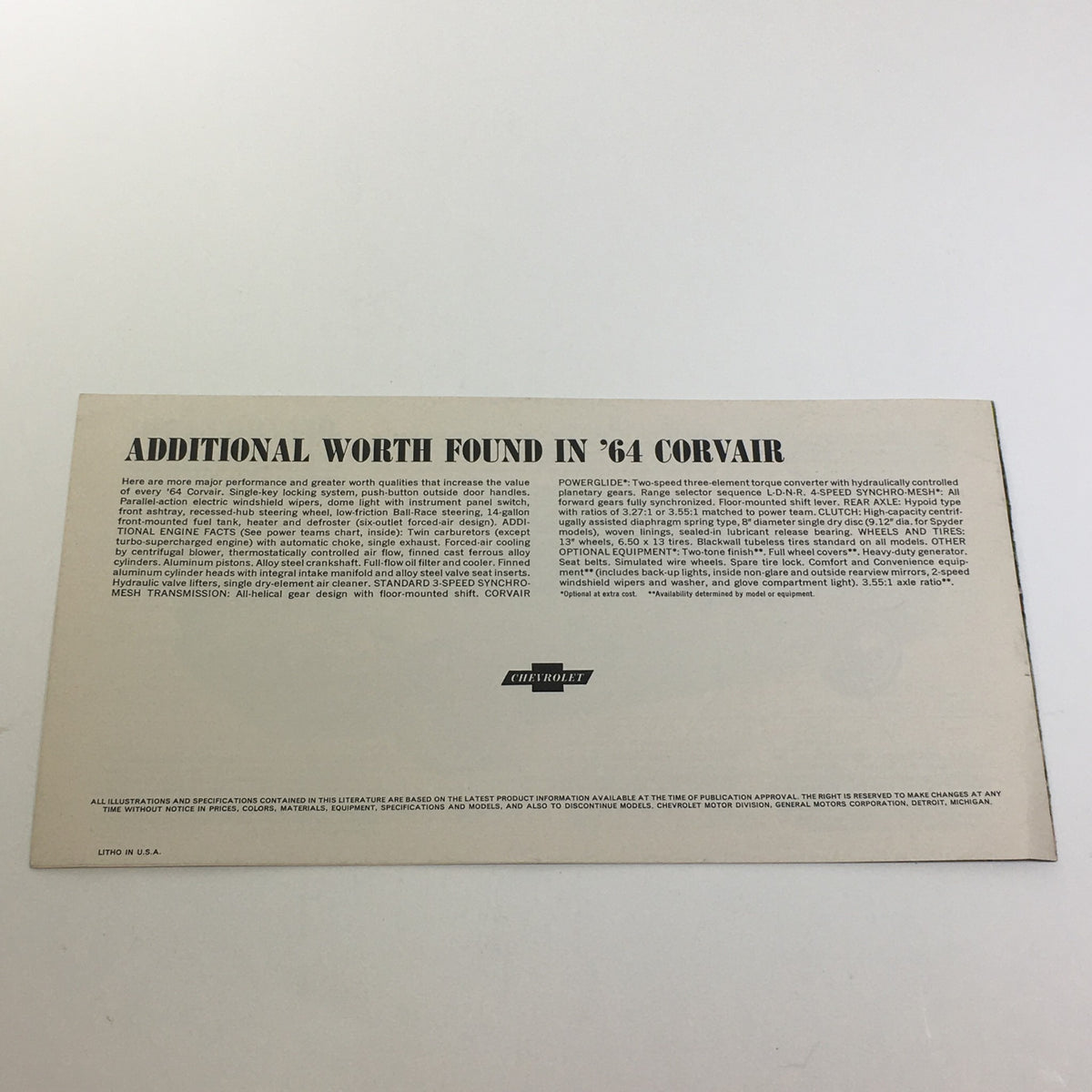 1964 Corvair by Chevrolet Turbo-Supercharged V-8 Engine 3-Speed Tran Car Catalog detailing the features of the 1964 Corvair, highlighting performance specifications and technical information.