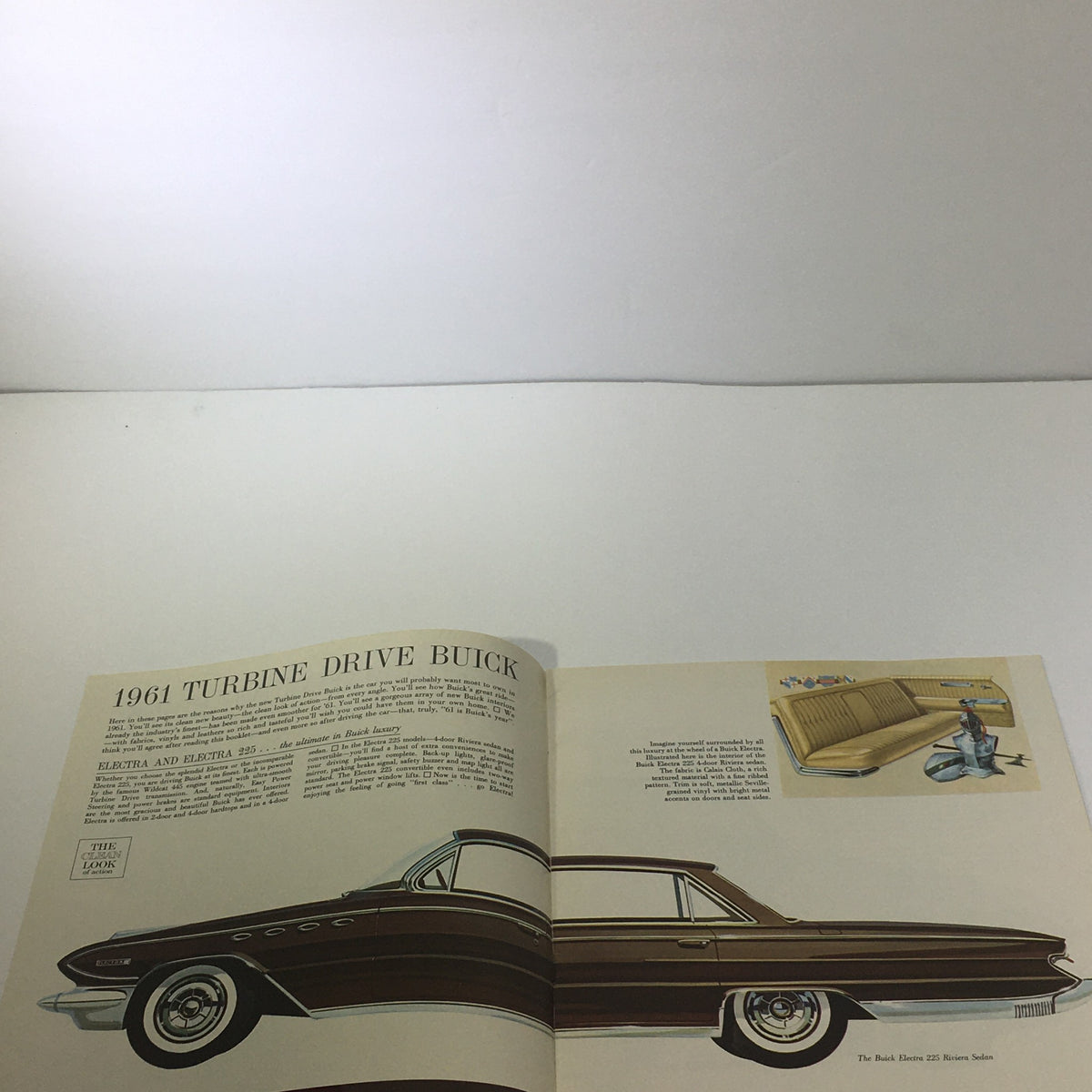 Inside view of the 1961 Turbine Drive Buick catalog highlighting elegant design elements of the Electra 225 model.