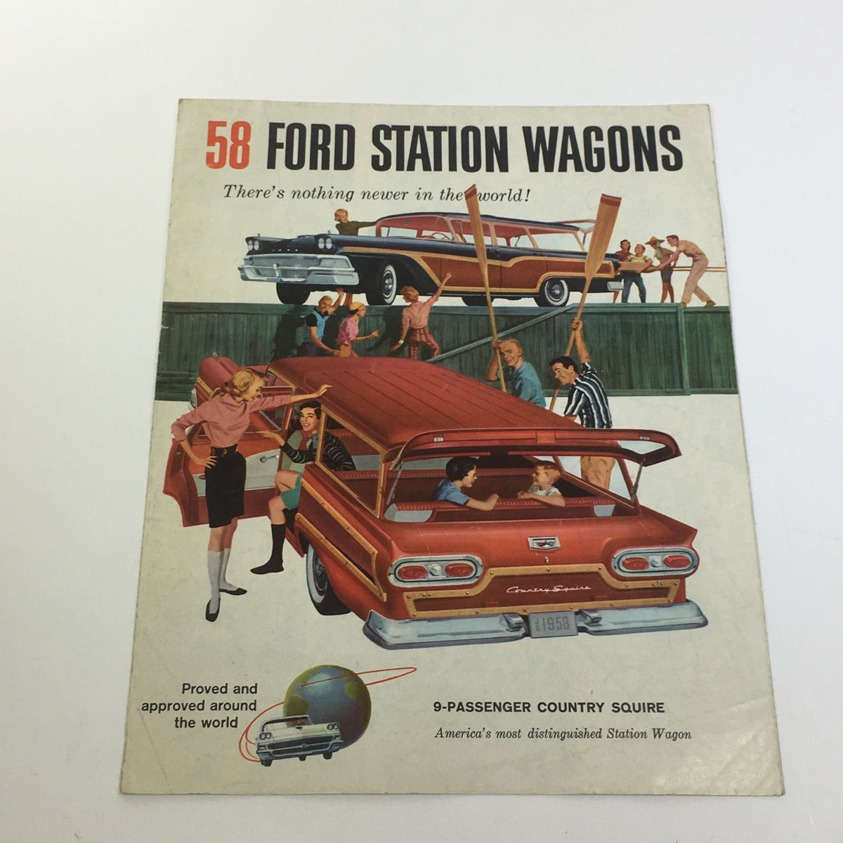 1958 Ford Station Wagons Interceptor 352 Special V8 Engines Car Catalog Brochure cover featuring an illustration of a family near the Country Squire model.