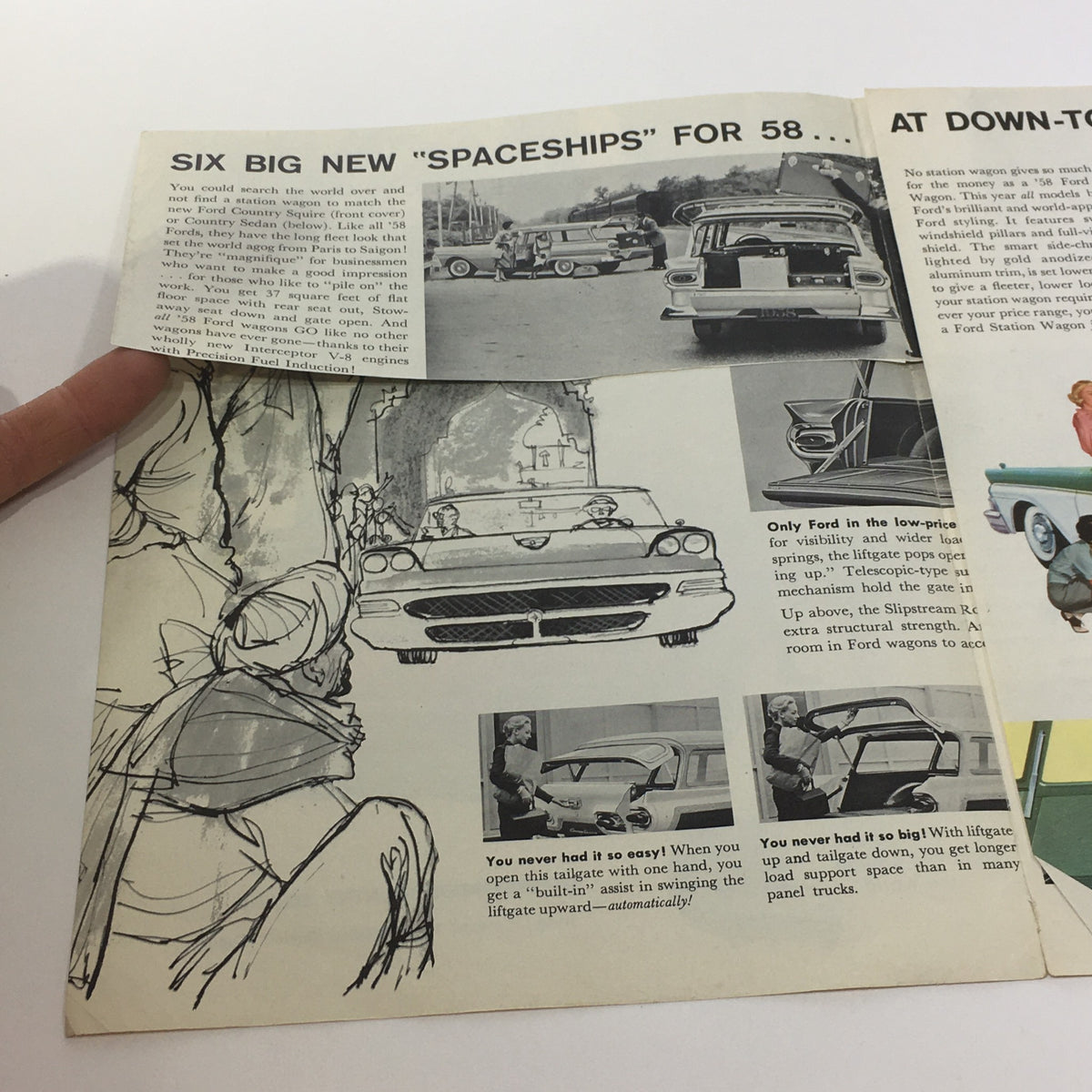 Interior page of the 1958 Ford Station Wagons Interceptor 352 Special V8 Engines Car Catalog highlighting six new models with artistic sketches and features.