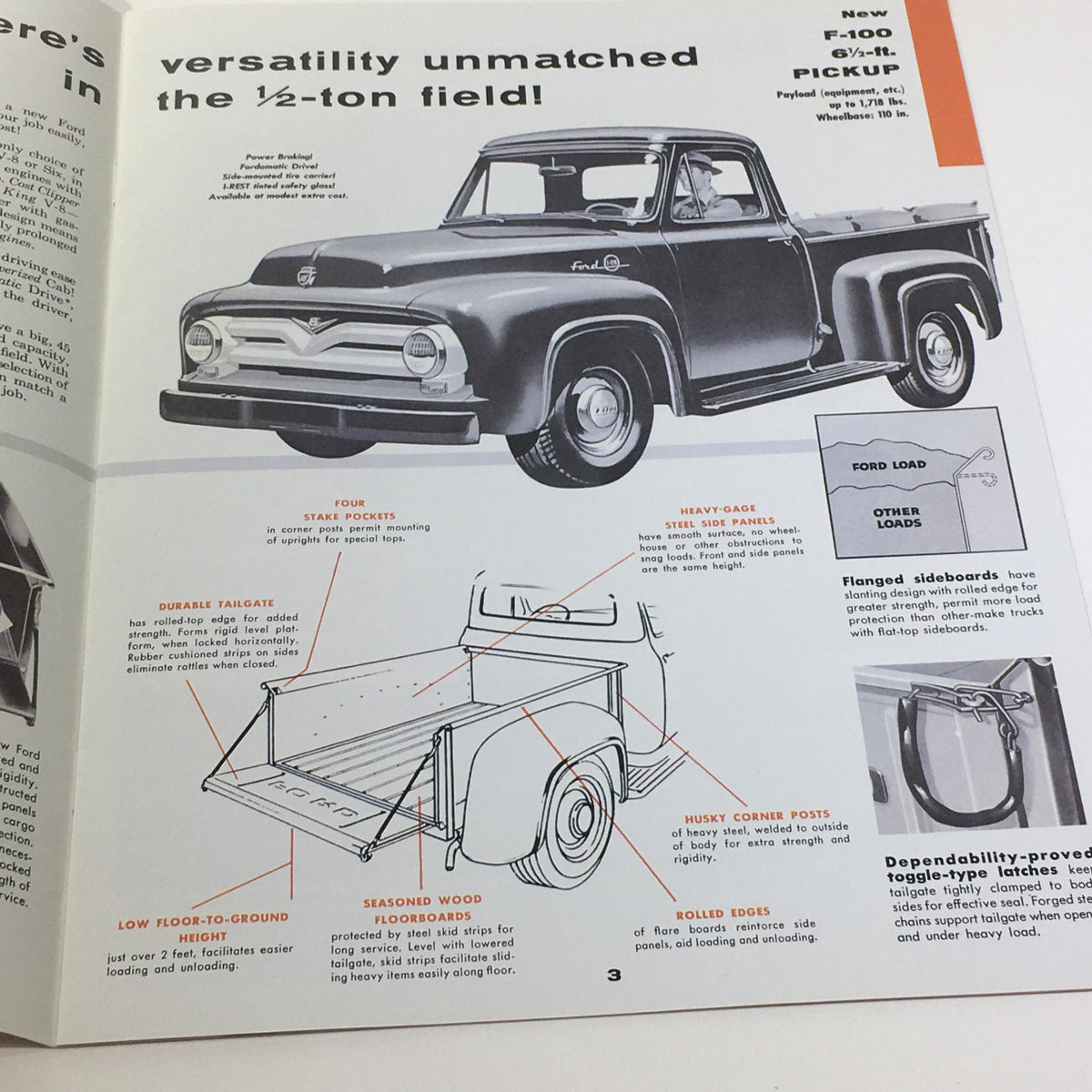 1955 Ford Trucks Series F-100 Heavy-Gage Steel Side Panels Car Catalog Brochure, featuring an illustration of the truck with highlighted features such as stake pockets, durable tailgate, and heavy-gauge steel side panels.