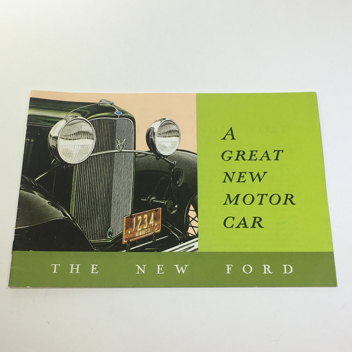 All New Ford Convertible 2-Door 5-Passenger Sedan F-101 Car Catalog Brochure featuring a vintage Ford car image with a green and beige background, emphasizing its classic design and the phrase 'A Great New Motor Car'.