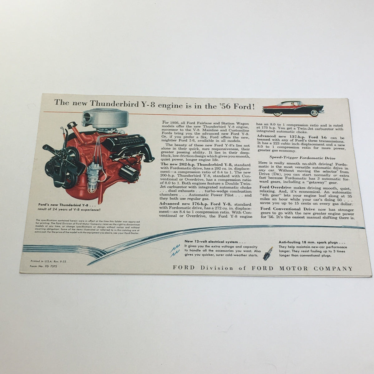 1956 Ford Thunderbird Y-8 Power Double-Swivel Lifeguard Mirror Car Catalog focusing on the new Thunderbird Y-8 engine with technical illustrations highlighting its features and specifications.