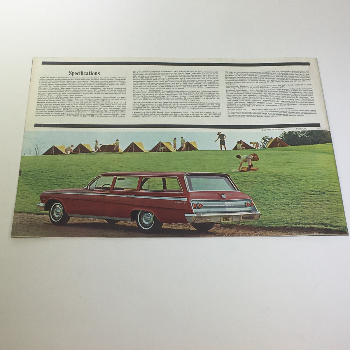 Specifications page of the 1962 Chevrolet Impala Super Sport car catalog, displaying a red Chevrolet Impala station wagon in a camping scene.