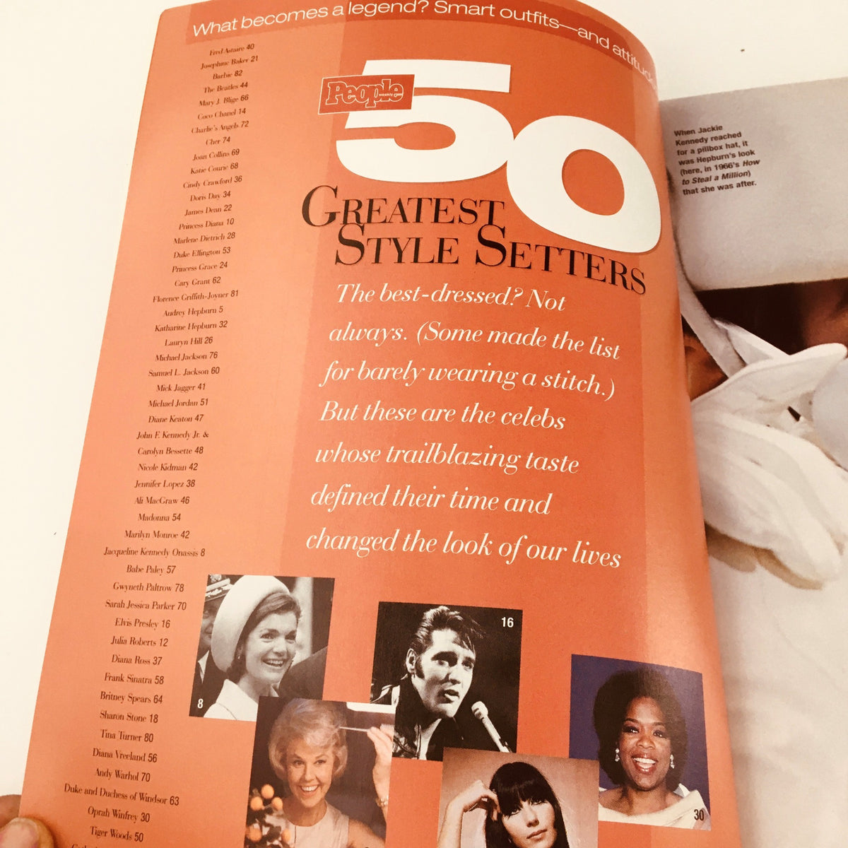 List of the 50 Greatest Style Setters from People Weekly 2000 Collector's Edition Styles of the Stars Julia Roberts Cover, showcasing influential fashion icons.