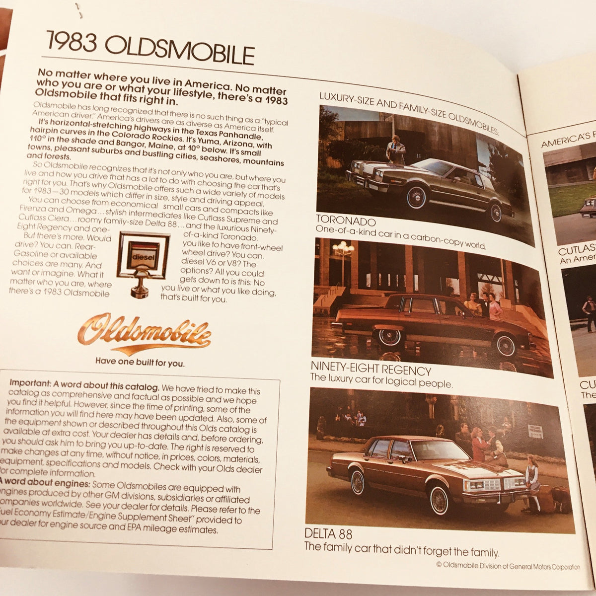 Interior page of the 1983 Oldsmobile Cutlass Ciera, Supreme & Cruiser Feature Car Brochure Catalog highlighting various Oldsmobile models and their features.