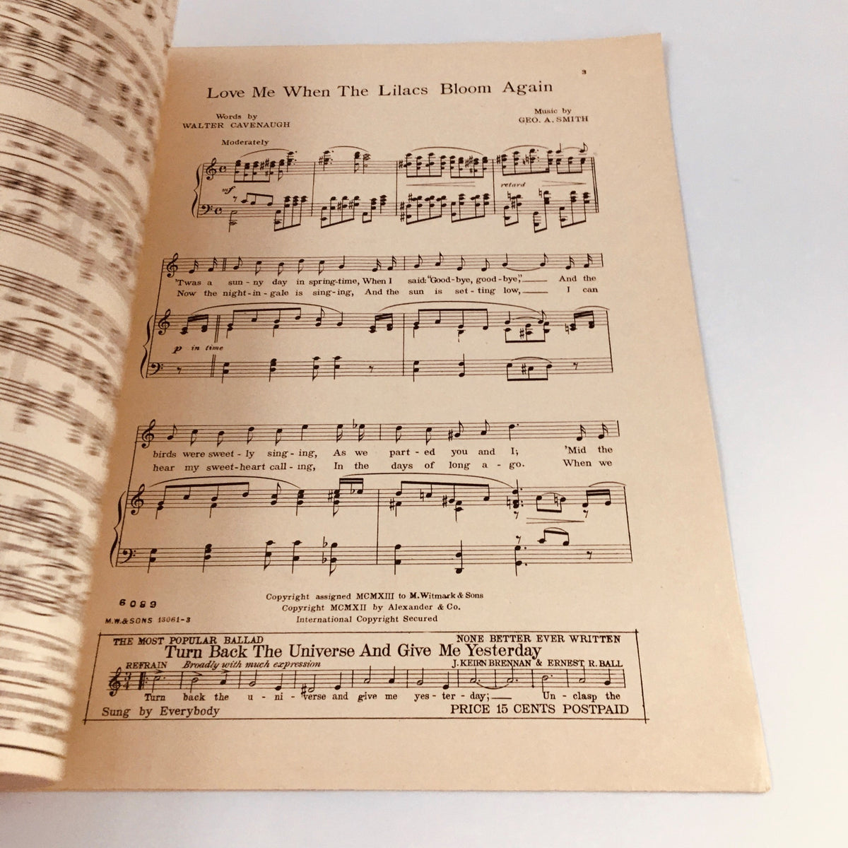 1912 Love Me When The Lilacs Bloom Again Ballad interior page displaying the musical score and lyrics. Composed by George A. Smith and featuring words by Walter Cavenaugh, it embodies the romantic themes of vintage music.