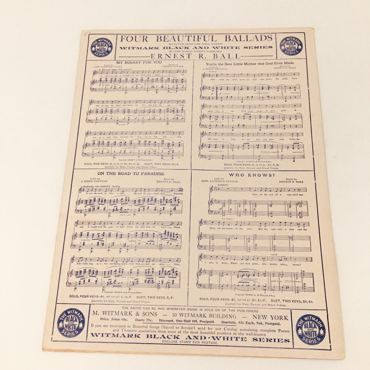 1912 Love Me When The Lilacs Bloom Again Ballad by George A. Smith Music Sheet featuring beautifully laid out musical notes and lyrical content, part of a collection of four beautiful ballads by Ernest R. Ball, suitable for vintage music enthusiasts.