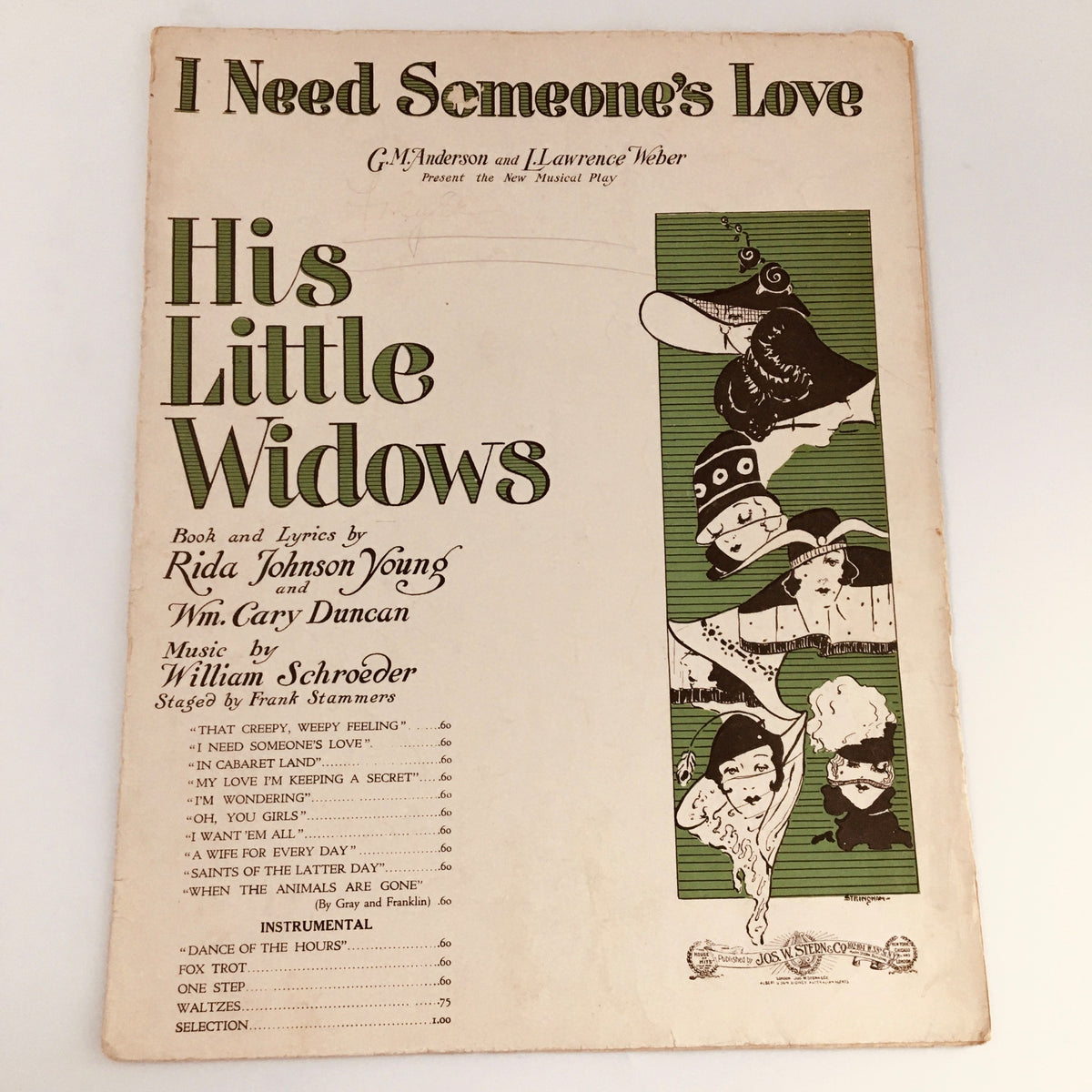 Cover of the vintage musical magazine titled 'I Need Someone's Love', featuring the title 'His Little Widows' by William Schroeder. The cover showcases intricate designs and period-specific artwork.