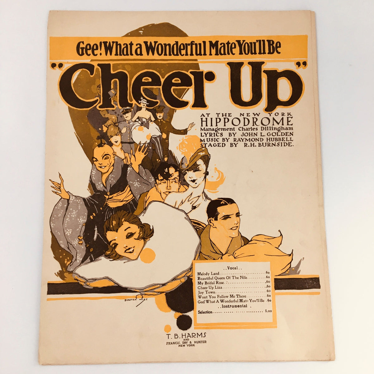 1917 music sheet cover 'Gee What A Wonderful Mate You'll Be' by Raymond Hubbell featuring artistic illustrations and the title 'Cheer Up' from the New York Hippodrome.