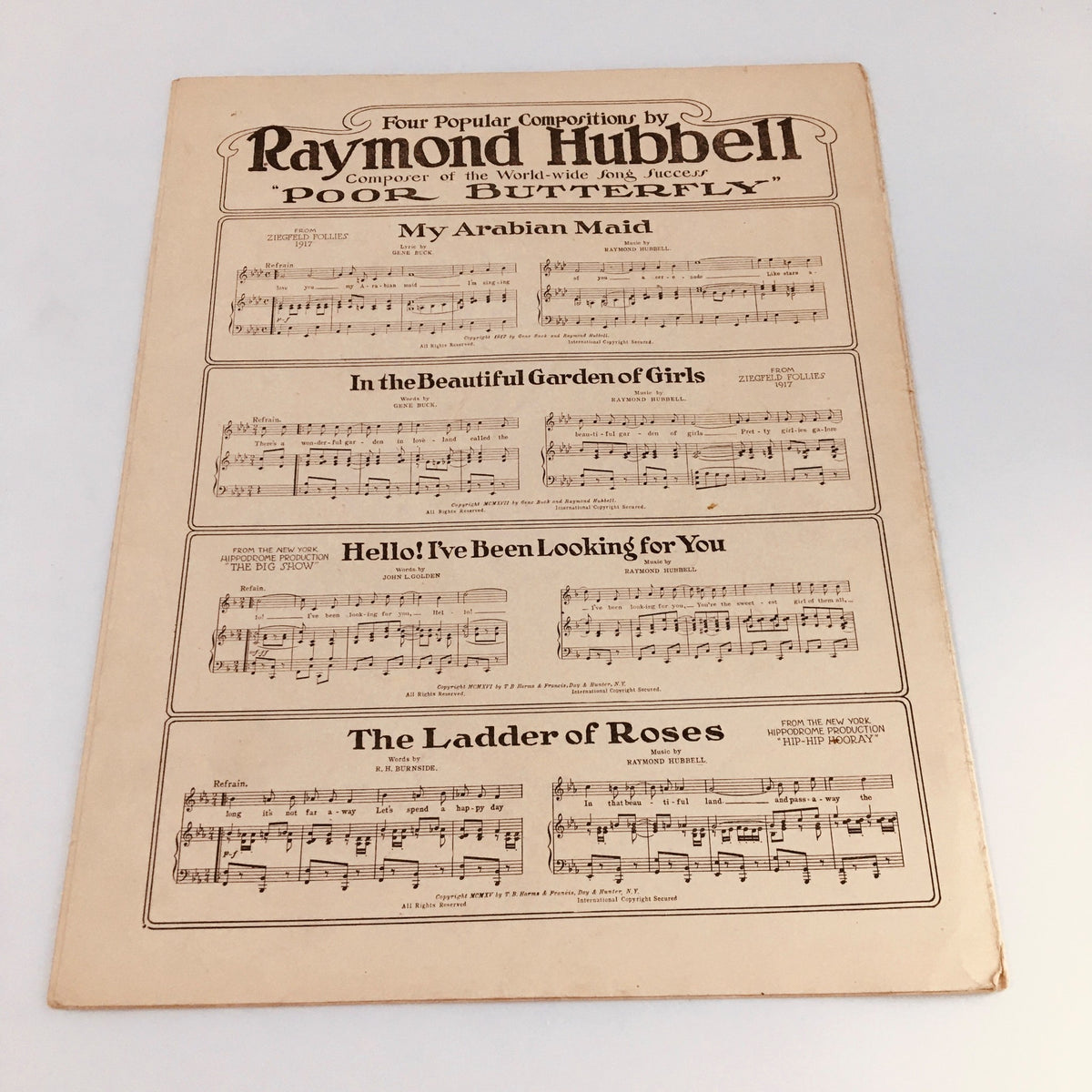 Back cover of the 1917 music sheet featuring 'Four Popular Compositions by Raymond Hubbell' including titles like 'My Arabian Maid' and 'The Ladder of Roses'.