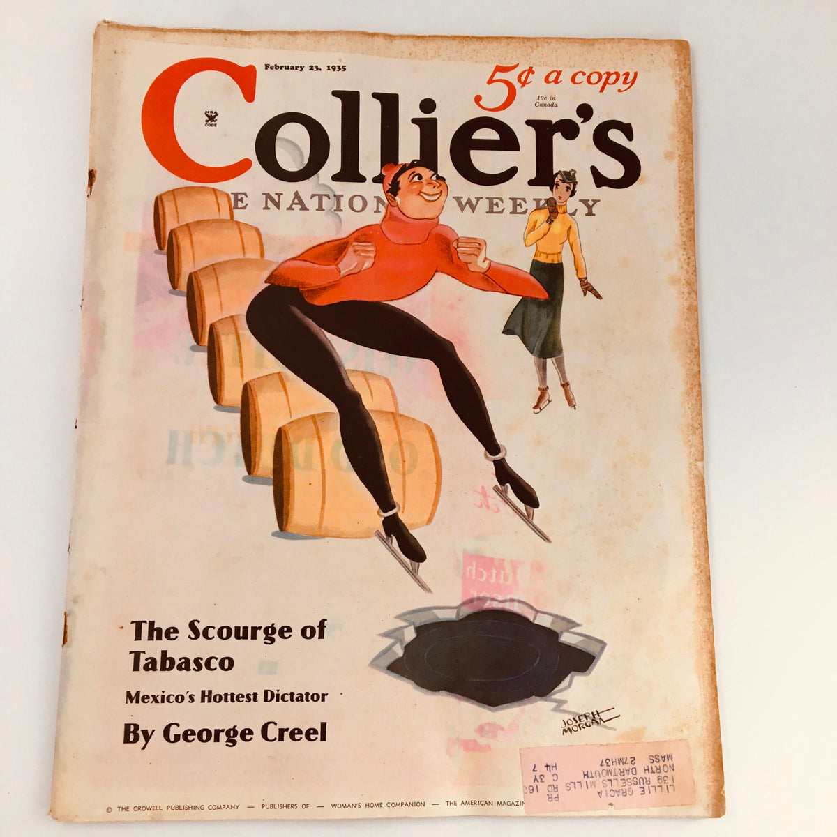 Cover of the VTG Collier's Magazine from February 23, 1935, featuring the article 'The Scourge of Tabasco' by George Creel, showcasing a vintage illustration with a dynamic figure on ice skates.