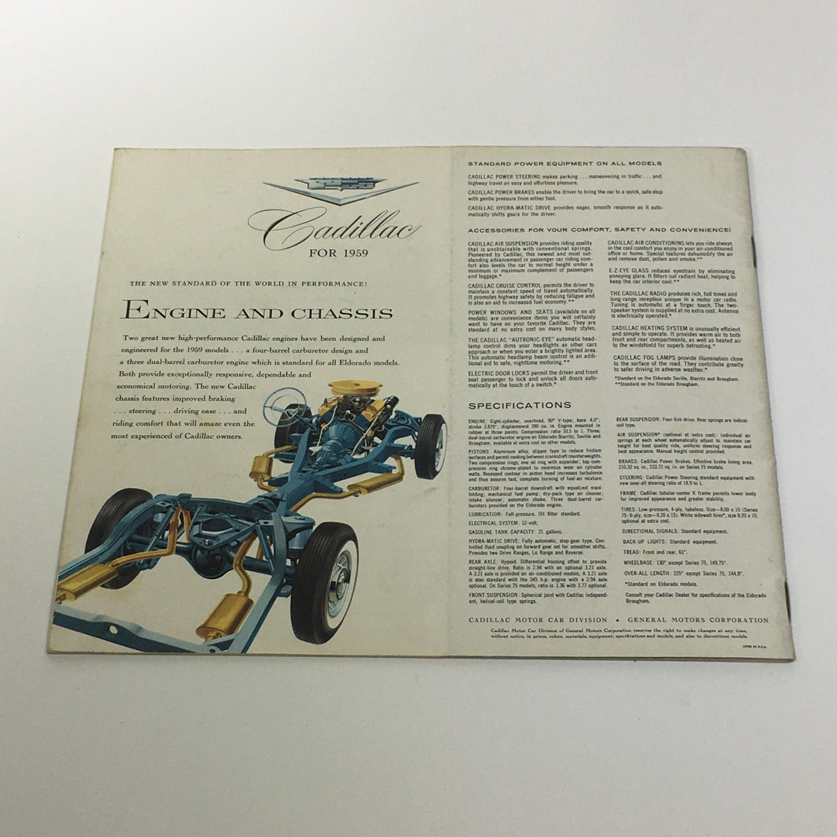 Detailed information on the Engine and Chassis of the 1959 Cadillac Fleetwood Sixty Special Sedan, highlighting performance specifications and features in the sale brochure.