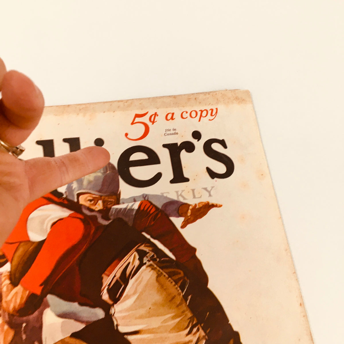Detail view of the Vintage Collier's Magazine cover from November 3, 1934, highlighting the pricing and publication date along with the story 'One Time It Rained' by Frederick H. Brennan.
