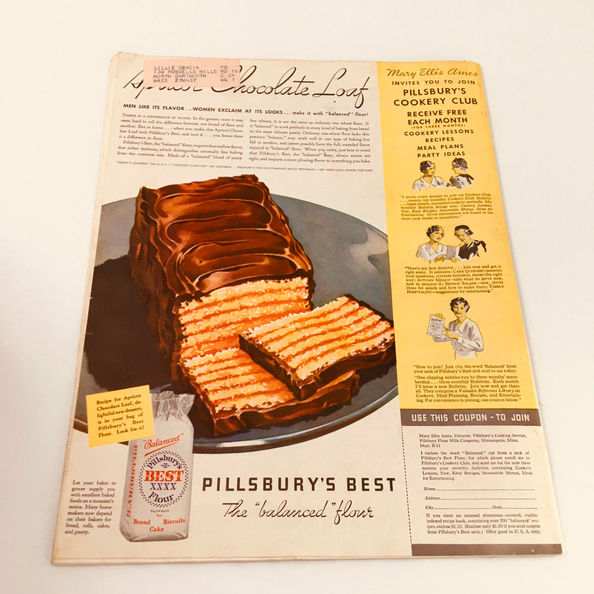 Additional view showcasing the back of the Vintage Collier's Magazine from November 3, 1934 featuring an advertisement for Pillsbury's Best flour alongside a chocolate loaf.