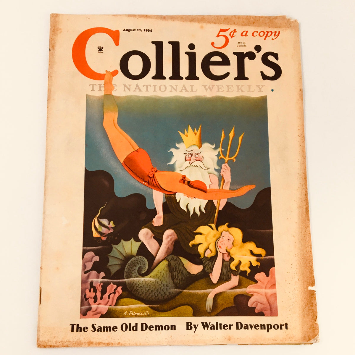 Vintage collage magazine cover from August 11, 1934 featuring the title 'The Same Old Demon' by Walter Davenport and illustrated artwork depicting a mythical scene.