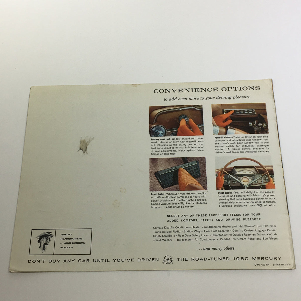 Back cover of the 1960 Mercury Country Cruisers Self-Adjusting Brakes Hydraulics Car Sale Brochure featuring convenience options for enhanced driving pleasure.