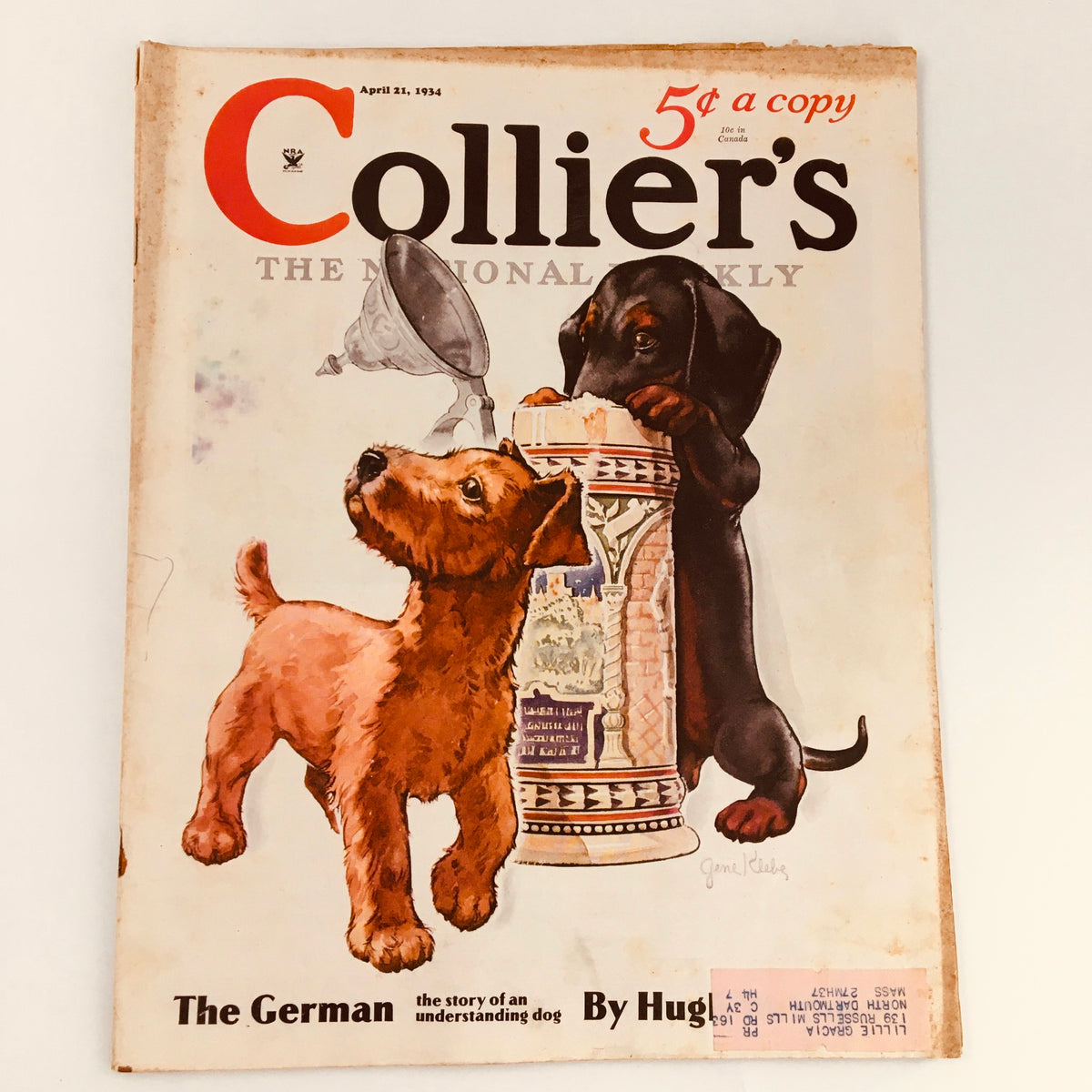 VTG Collier's Magazine April 21 1934 cover featuring an illustration of two puppies, showcasing the story "The German" by Hugh Walpole.
