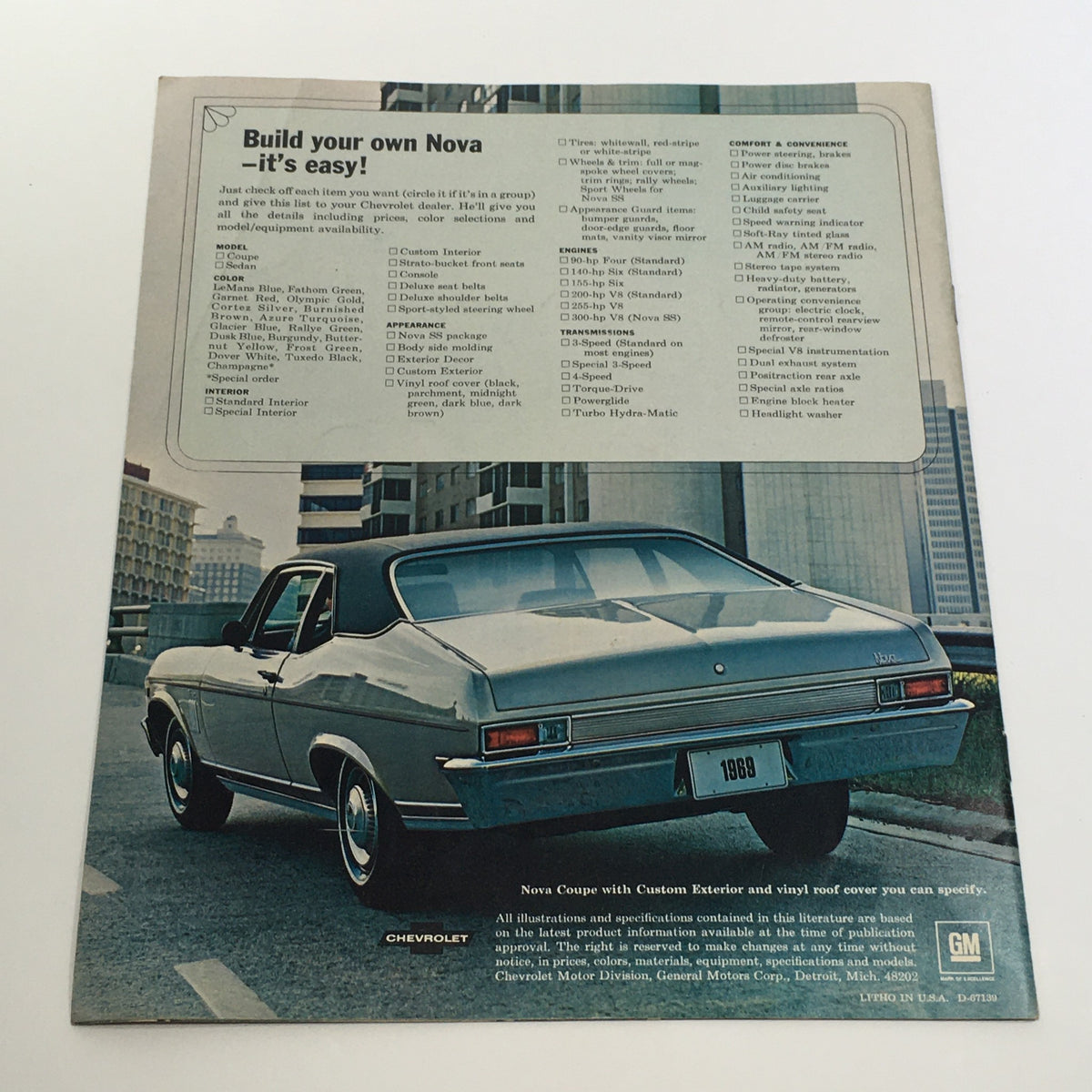 Back cover of the 1969 Chevrolet Chevy Nova 2-Door Sedan SS Package Car Sale Brochure detailing options for building your own Nova with specifications and features.