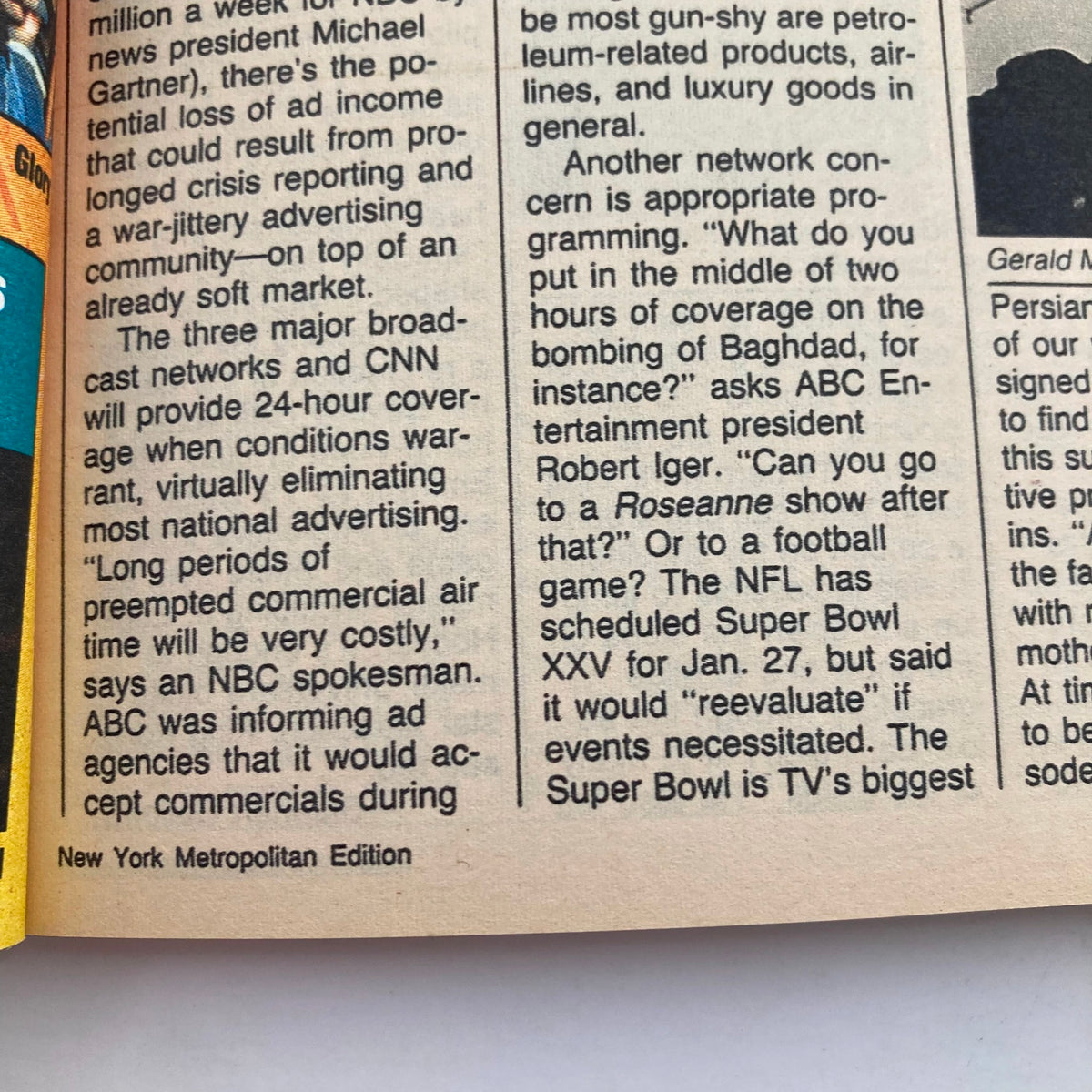 Interior page of TV Guide Magazine January 26 1991 discussing advertising concerns around Super Bowl XXV, providing insight into media strategies during historical events.