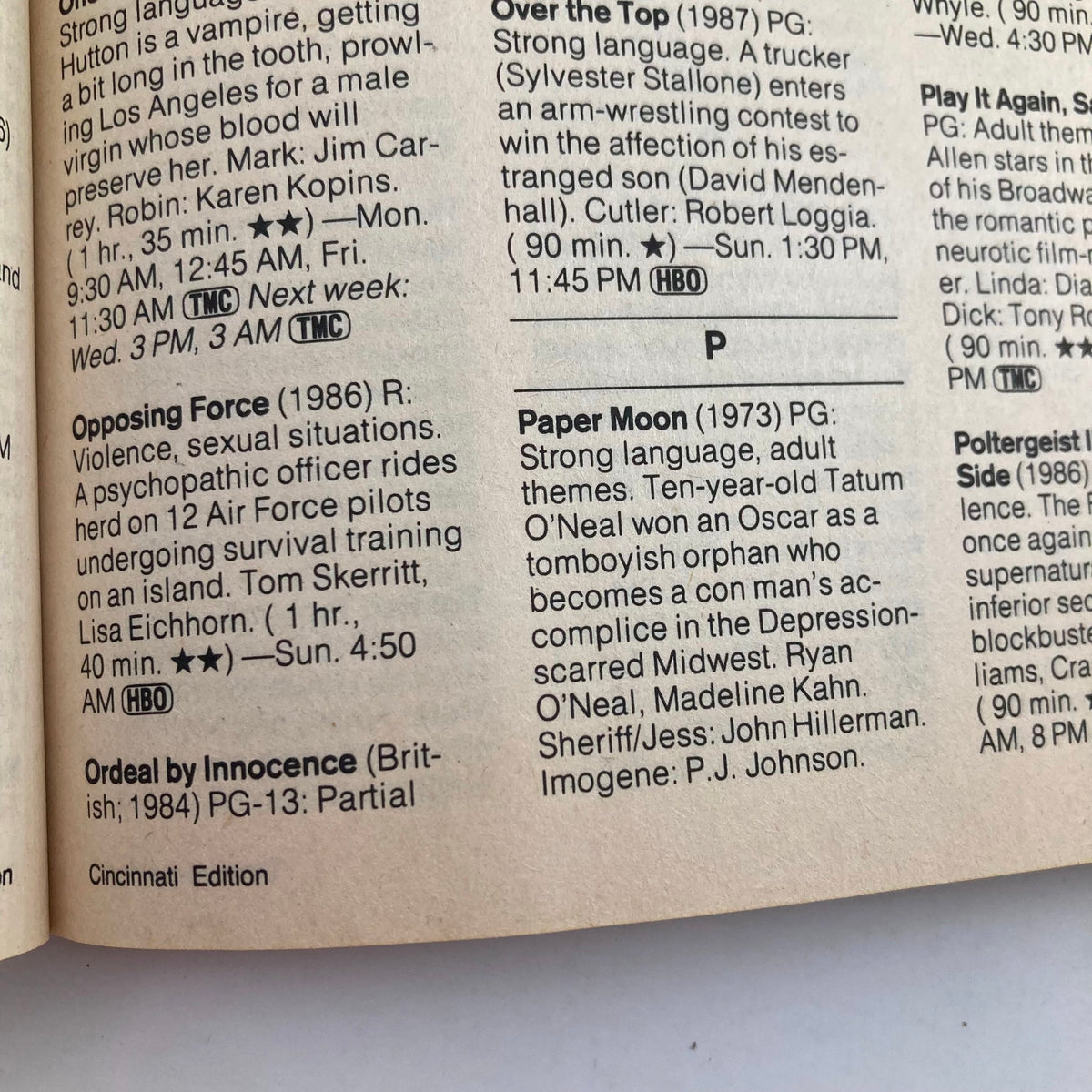 Interior page of TV Guide Magazine January 30 1988, listing movie descriptions including 'Opposing Force' and 'Paper Moon', with details on broadcasting times and content ratings for Cincinnati Edition.