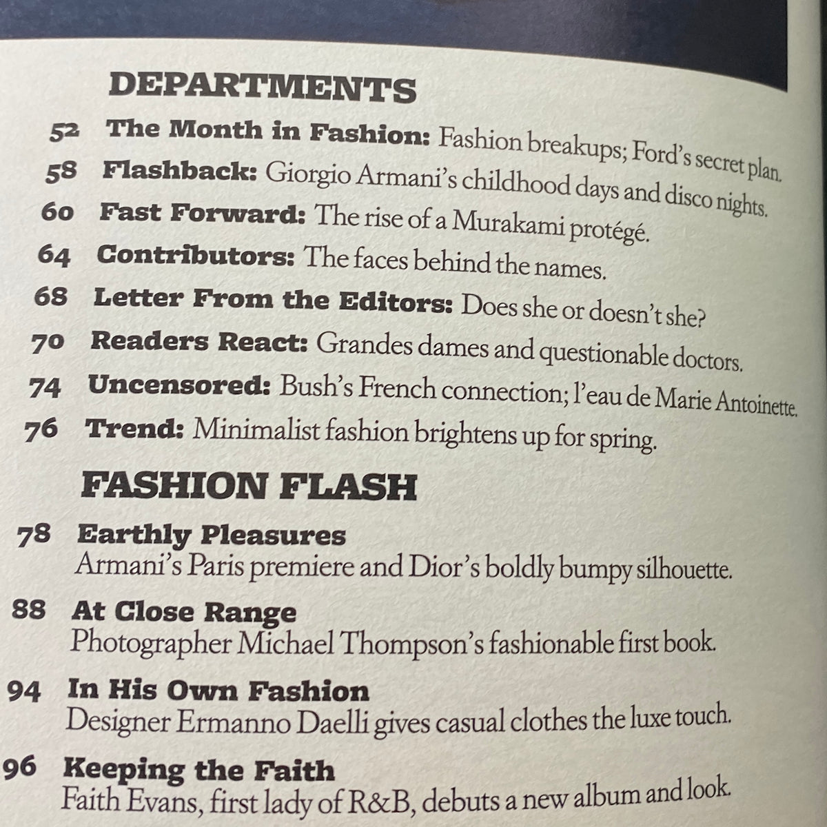 Inside pages of W Magazine April 2005 displaying various departments and articles, emphasizing fashion trends and features relevant to the era.