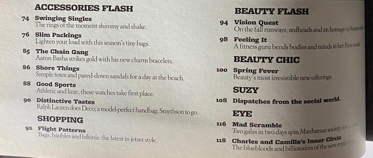 Interior page of W Magazine May 2005, displaying articles and features, including fashion trends and celebrity reports.