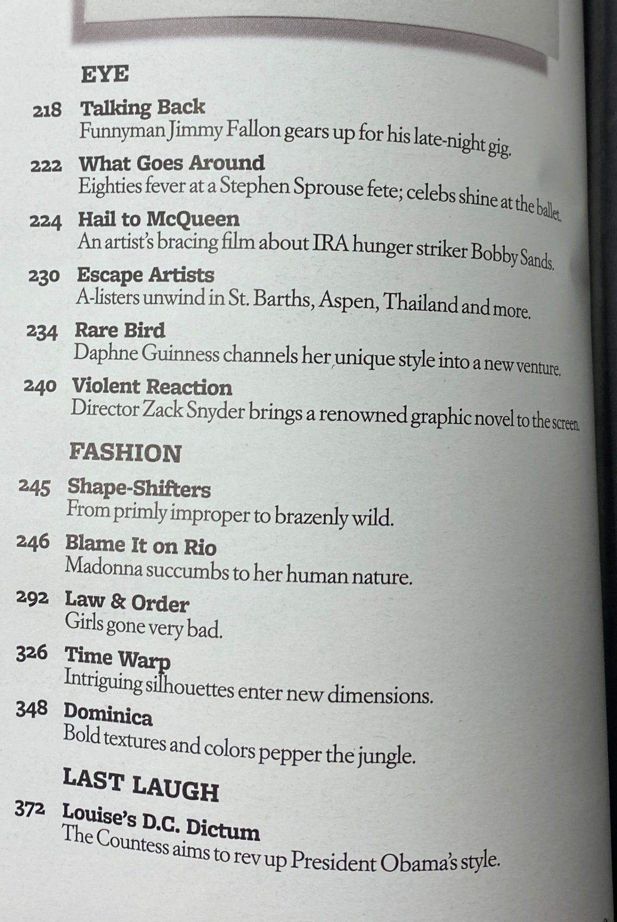 Interior content page from W Magazine March 2009, featuring articles including 'Talking Back' with Jimmy Fallon and fashion highlights, celebrating Madonna and the era's culture.