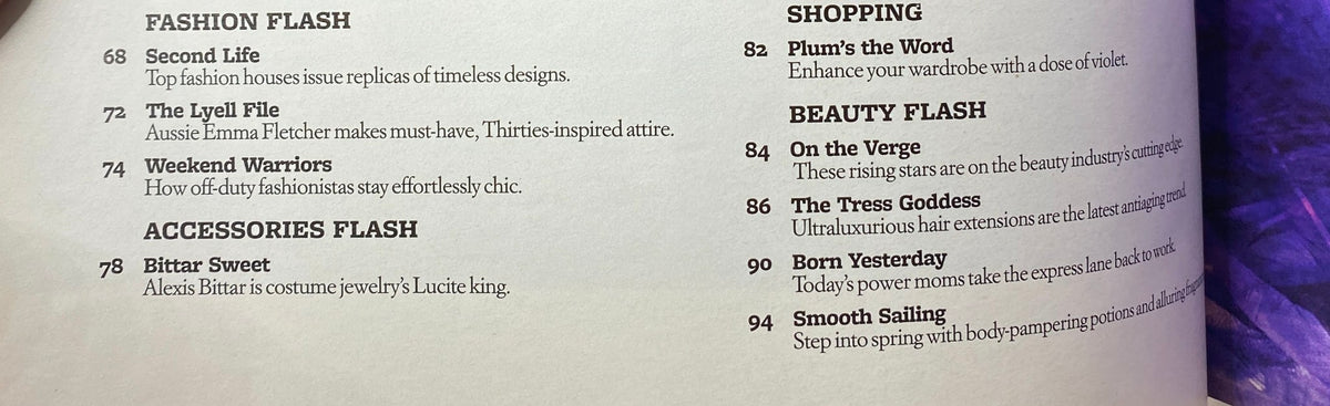 Interior contents page of W Magazine April 2009, detailing fashion trends and articles, enhancing the collectible value of this vintage magazine featuring Drew Barrymore.