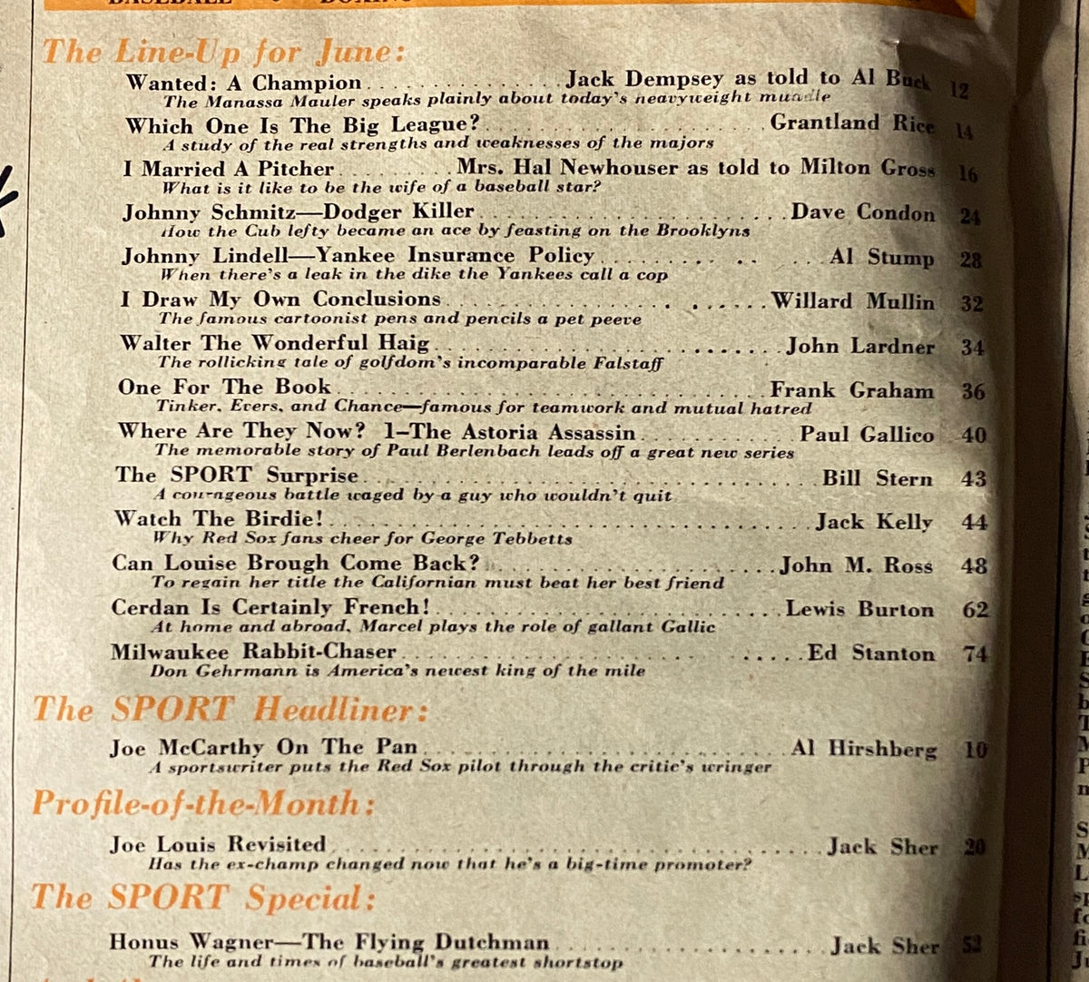 Table of contents from Sport Magazine June 1949 highlighting the featured articles including 'Wanted: A Champion' by Jack Dempsey and 'Johnny Schmitz—Dodger Killer'.