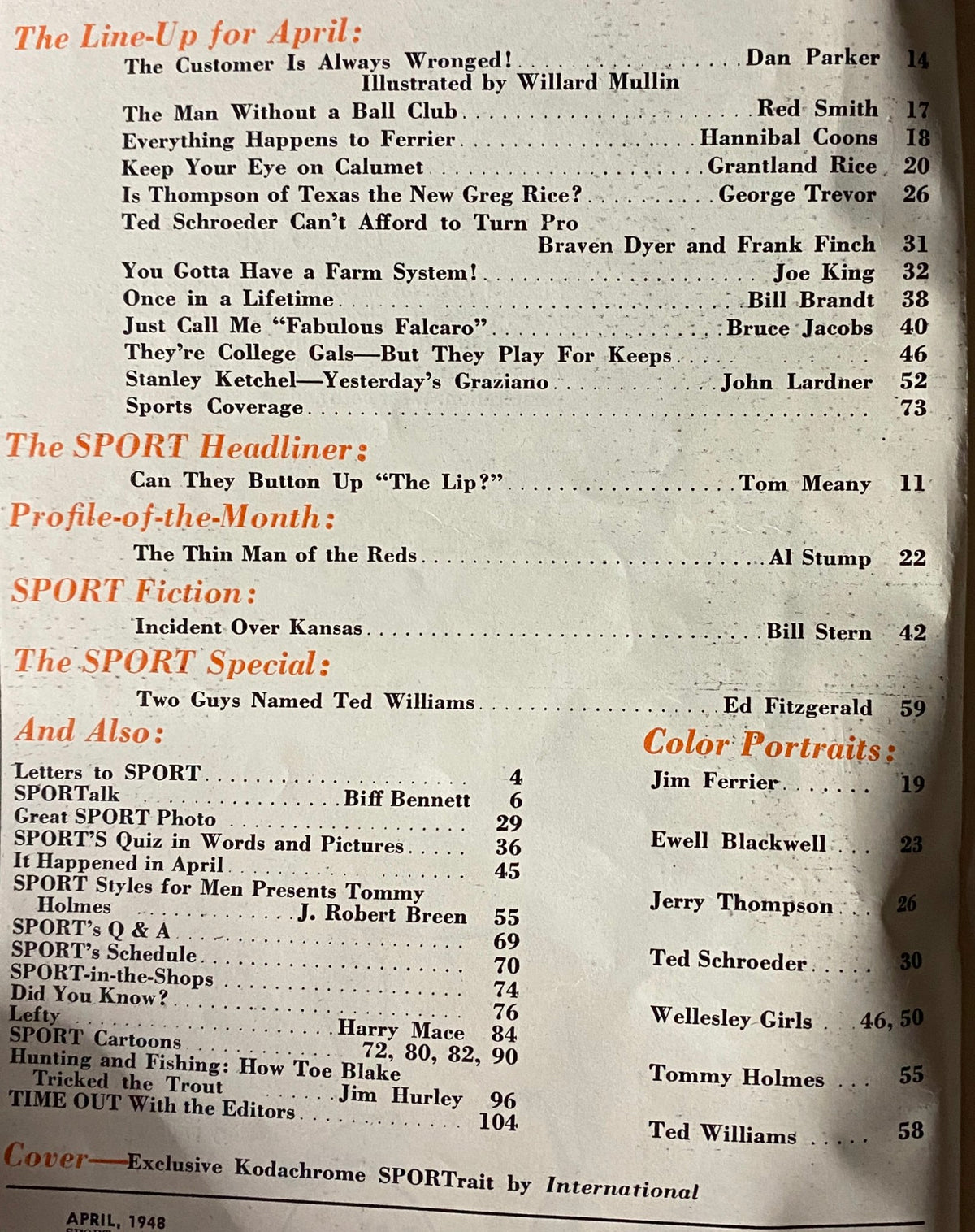 Interior page of Sport Magazine April 1948 displaying the table of contents, highlighting various articles and features including Ted Williams.