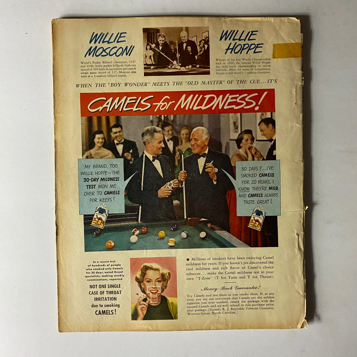 Back cover of Sport Magazine May 1949, featuring an advertisement for Camels cigarettes with images of billiard champions Willie Mosconi and Willie Hoppe.