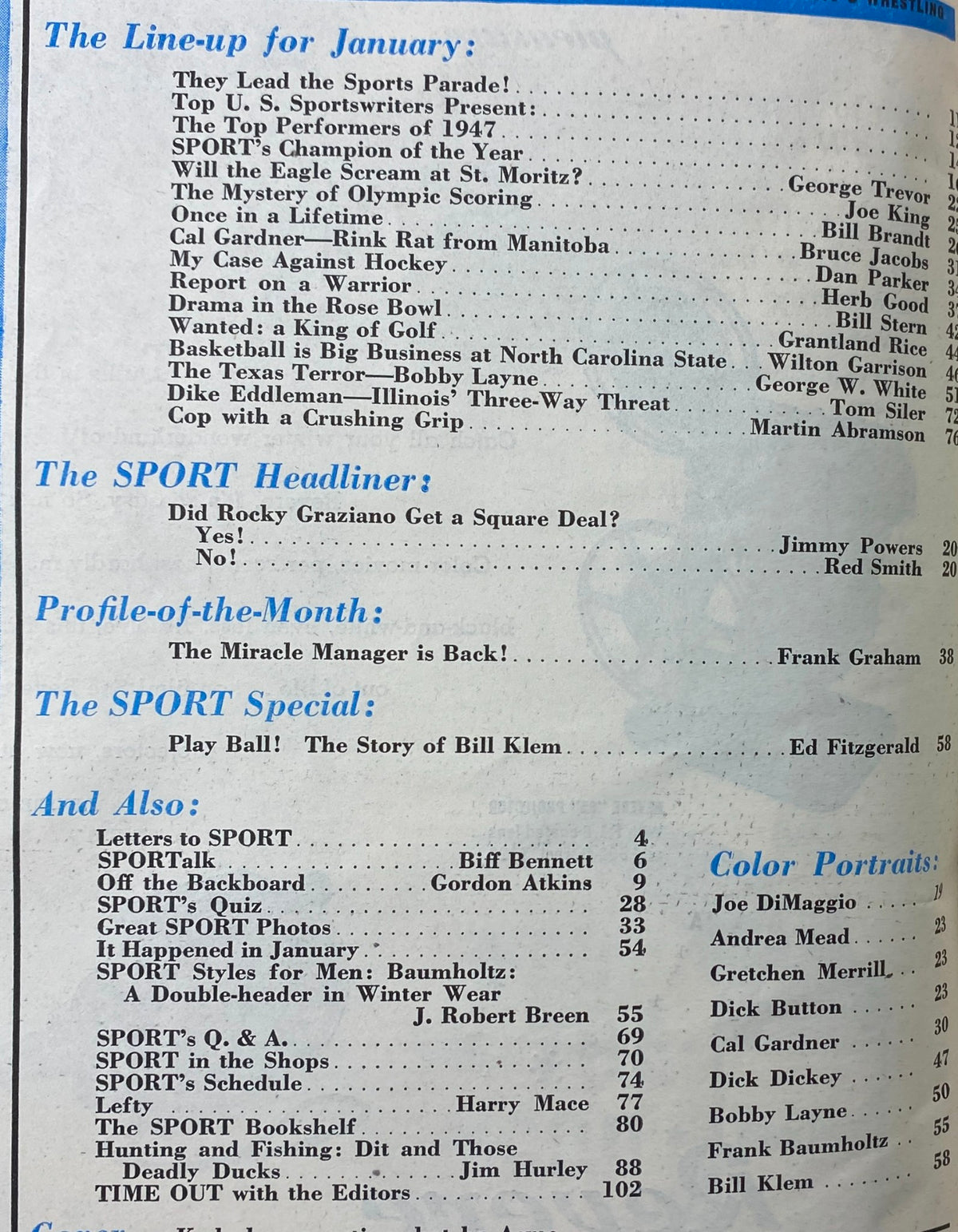 Table of contents from Sport Magazine January 1948, listing key articles and features, showcasing the magazine's rich content.