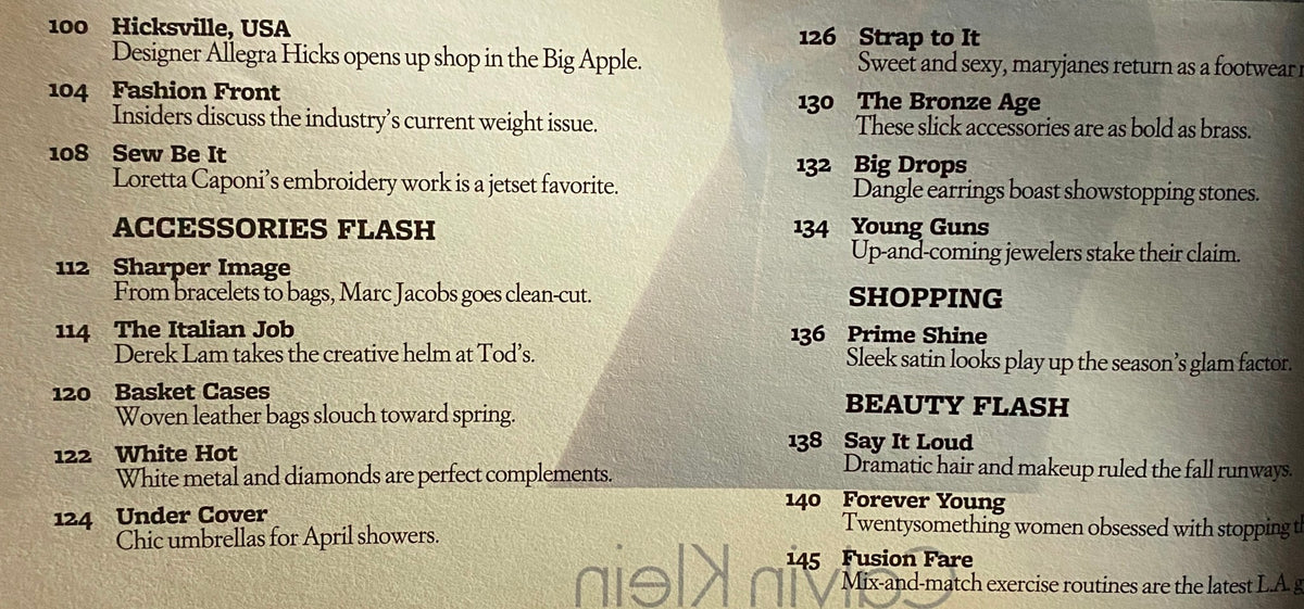 Table of contents from W Magazine April 2007, listing articles on fashion, beauty, and culture, showcasing key themes and features of the issue.