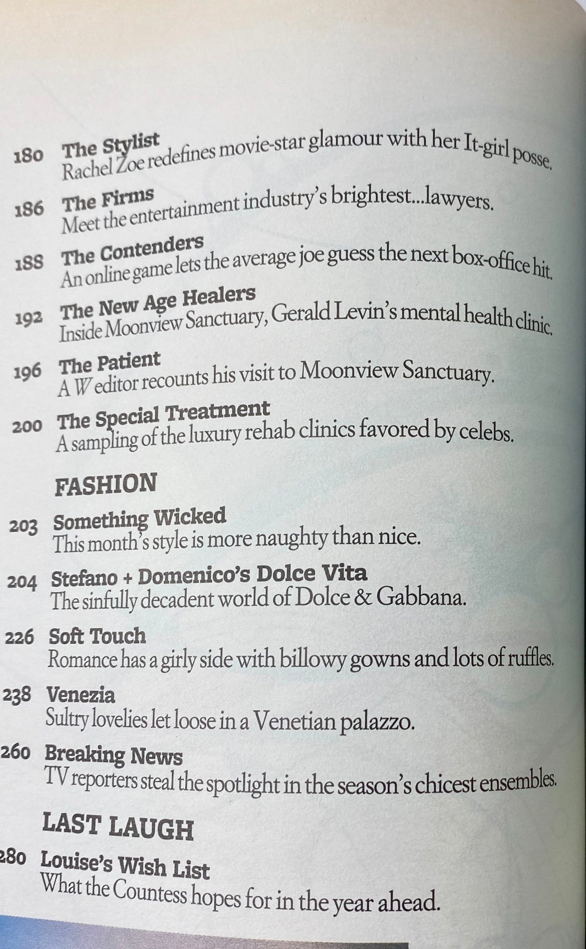 Interior content page from W Magazine February 2007 showcasing articles like 'The Stylist' by Rachel Zoe and fashion highlights.