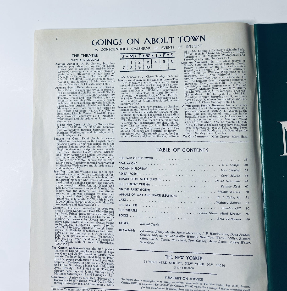 Interior page of The New Yorker Magazine February 8, 1988 displaying the 'Goings on About Town' calendar of events and the Table of Contents.
