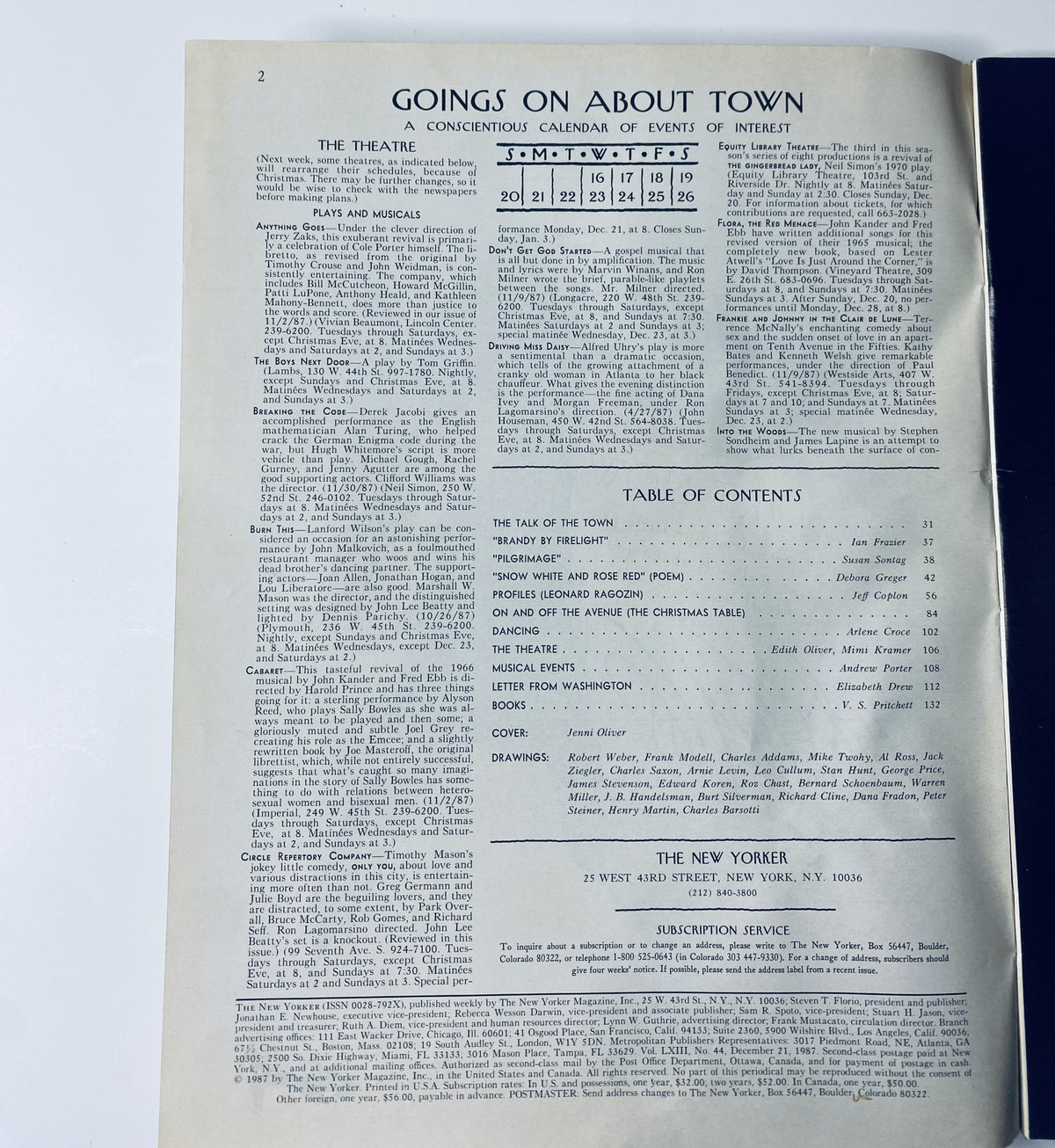Inside page of The New Yorker Magazine December 21, 1987, displaying 'Goings On About Town' including a calendar of events and the table of contents, providing a glimpse into the magazine's articles and features.