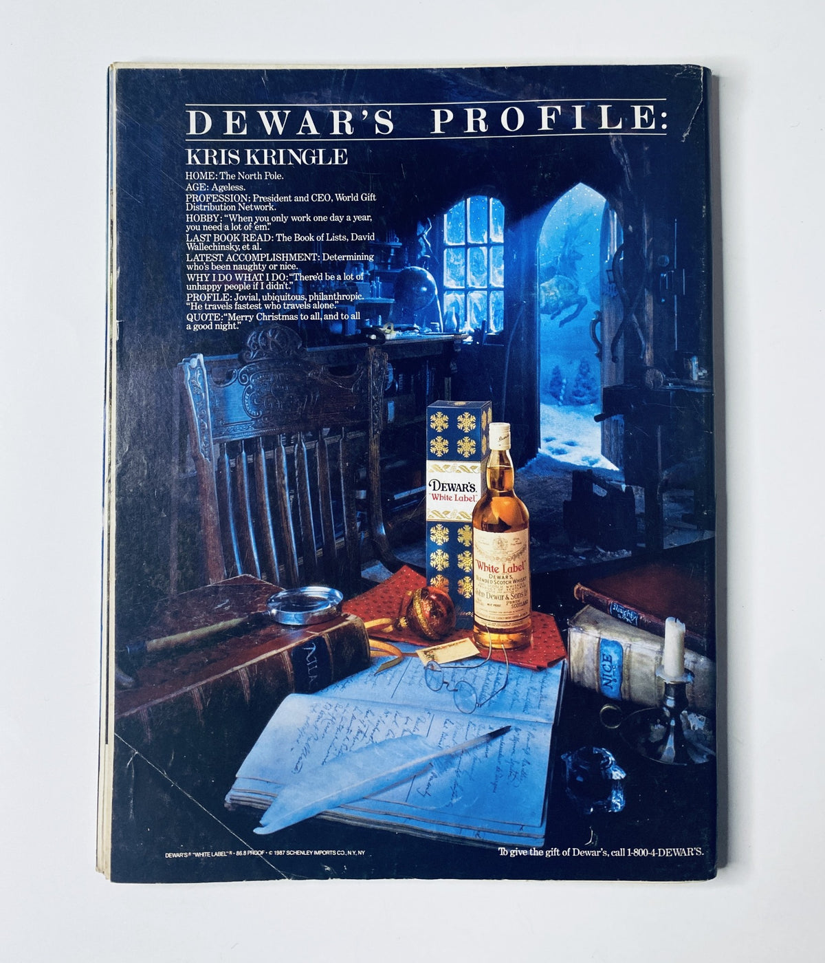 Cover of The New Yorker Magazine December 21, 1987 featuring a Christmas interior scene by J. Oliver. The image showcases a cozy room adorned with holiday decorations, including Dewar's whiskey and traditional writing materials, capturing the essence of festive cheer.