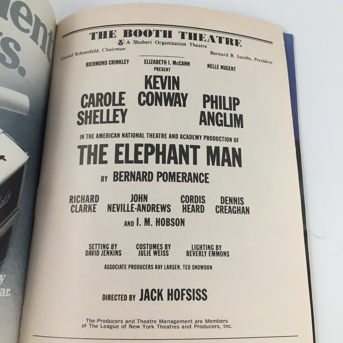 Interior page of the 1979 Playbill for The Elephant Man, listing the cast and crew, including notable names like Richard Clarke and Cordis Heard at the Booth Theatre.